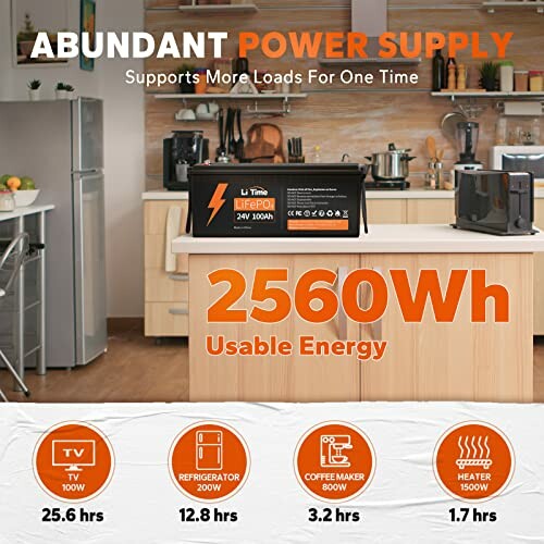 Lifepo4 battery displayed in a kitchen with power usage examples for TV, refrigerator, coffee maker, and heater.