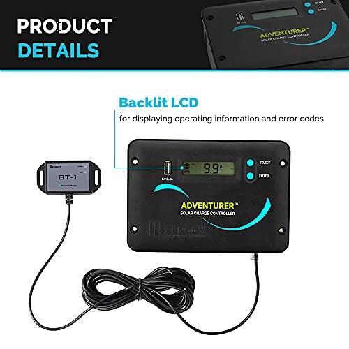 Adventurer solar charge controller with backlit LCD display for operating information and error codes.