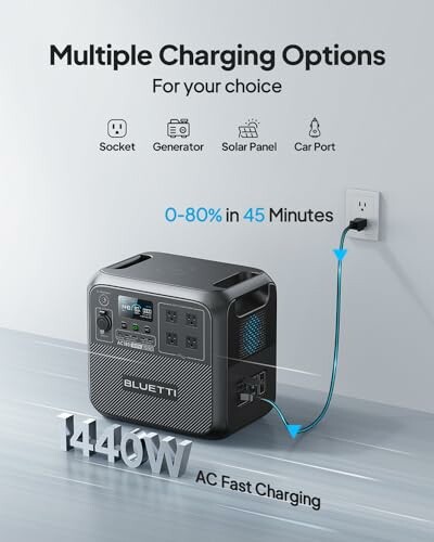 Bluetti power station with multiple charging options including socket, generator, solar panel, and car port.