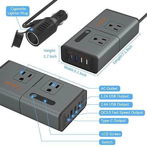 Car power inverter with dual AC outlets and USB ports.