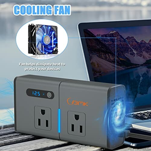 Cooling fan power strip with two outlets and LED display next to a laptop.