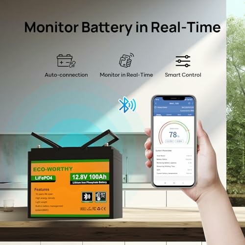 Eco-Worthy battery with smartphone app for real-time monitoring.