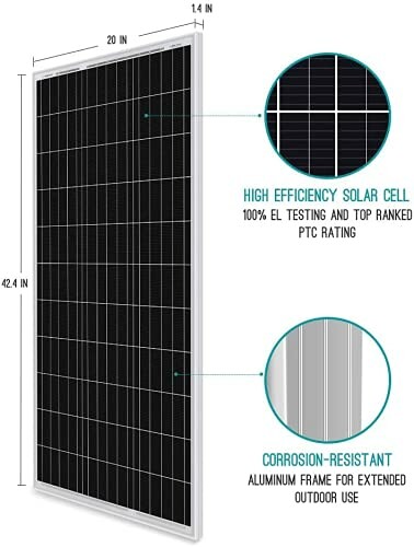 High efficiency solar panel with dimensions and features.