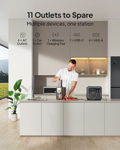 Man using power station in modern kitchen with multiple outlets.