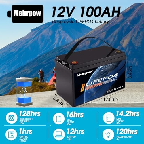 12V 100AH LiFePO4 battery with usage time for devices