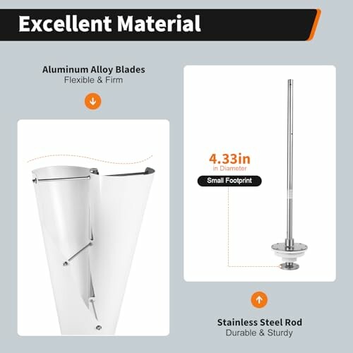 Aluminum alloy blades and stainless steel rod with dimensions.