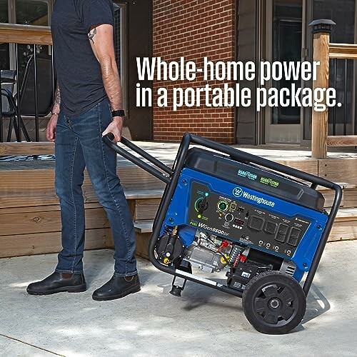 Person moving a portable generator on wheels outdoors.