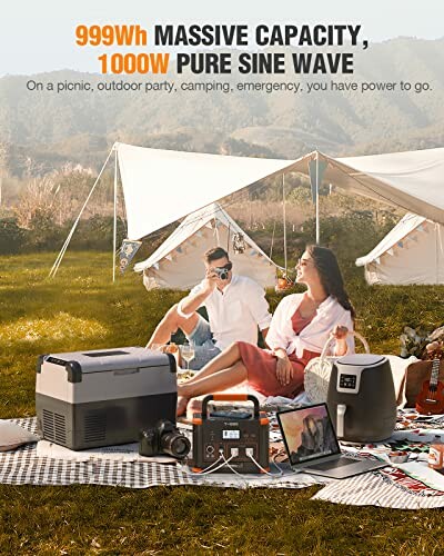 Couple camping with portable power station, cooler, and electronic devices.