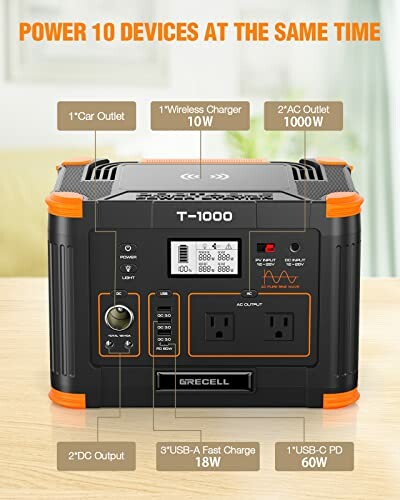 Portable power station T-1000 with multiple device charging options.