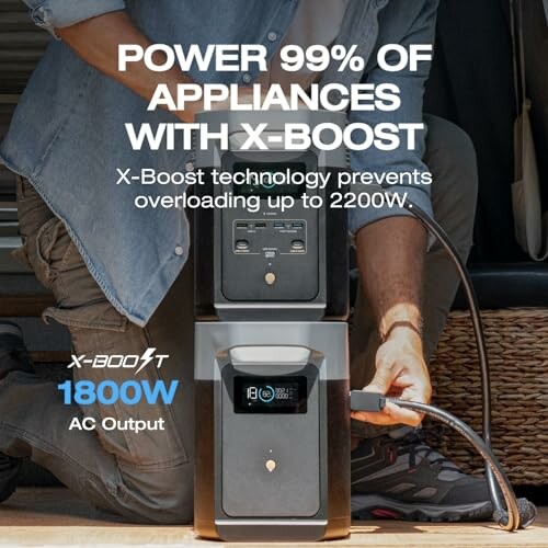 Portable power station with X-Boost technology for 2200W overload prevention.