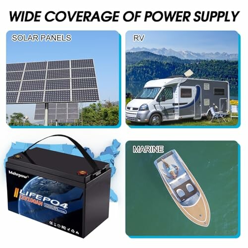 Collage showing solar panels, RV, marine, and a battery.