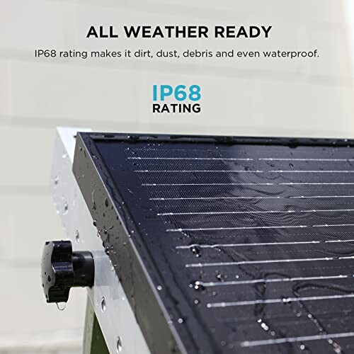 Close-up of a solar panel with IP68 rating, showing water droplets.