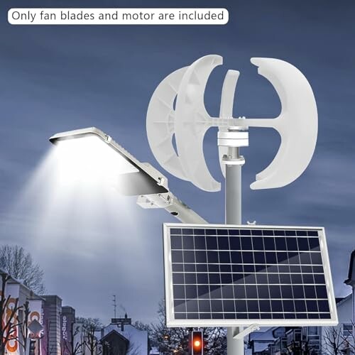 Solar-powered street light with wind turbine and solar panel.