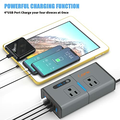 USB charging station with multiple devices connected.