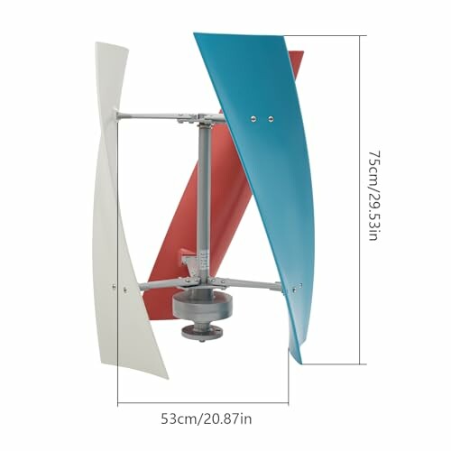 Vertical wind turbine with measurements of 75cm height and 53cm width.